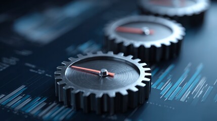 A close-up view presents gears with clock-like hands set against abstract graphs on a dark, reflective surface