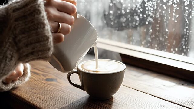 Caucasian Woman pouring milk into latte by window representing Slow Living and Mindfulness.