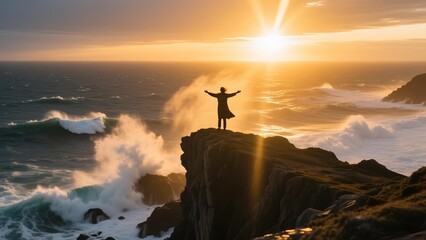 A person stands triumphant on a rugged cliff overlooking the turbulent ocean at sunrise with arms outstretched