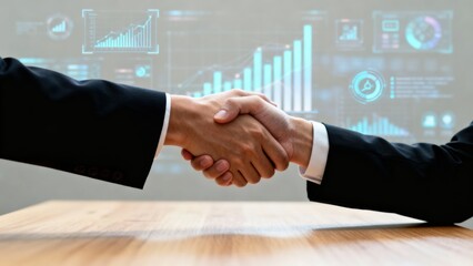Finance freedom businessman concept. Handshake over a table with digital graphs in the background.