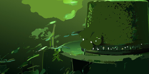 A shadowy illustration of a green top hat and blurred foliage