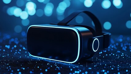 Virtual reality headset with glowing blue light on dark background