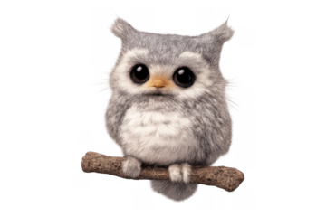 Adorable owl chick sitting on a branch with big eyes, looking curious and cute, isolated with transparent background