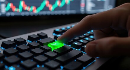 Finance freedom businessman concept. Hand pressing a green button on a keyboard with digital graphs behind.