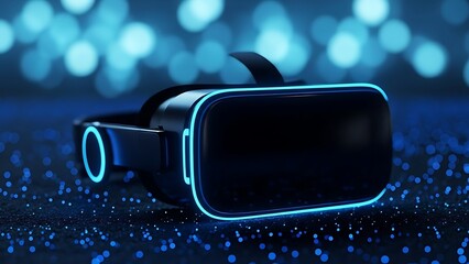 Virtual reality headset with blue lights and bokeh background
