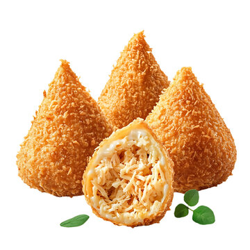 Crispy fried chicken coxinhas traditional Brazilian savory snacks isolated on white background for food photography and menus