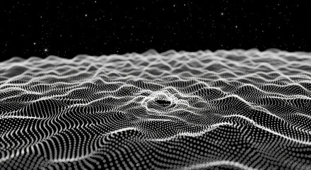 A field of undulating white dots create a wave pattern against a stark black background, with a dusting of stars adding depth and dimension.