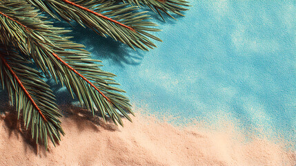 Green Fir Branches Laying On Blue Water Ripples And Soft Beach Sand 