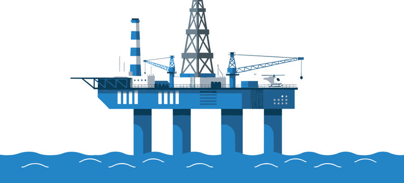 Offshore oil rig vector illustration featuring deep sea drilling derrick cranes and helipad platform for global energy and petroleum industry