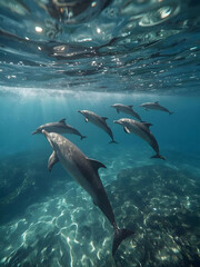 Naklejka premium Bottlenose Dolphins Swimming Towards Surface in Sunlit Water