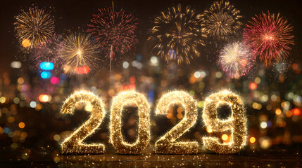 Golden Sparkling Year Twenty Twenty Nine Numbers with Colorful City Fireworks
