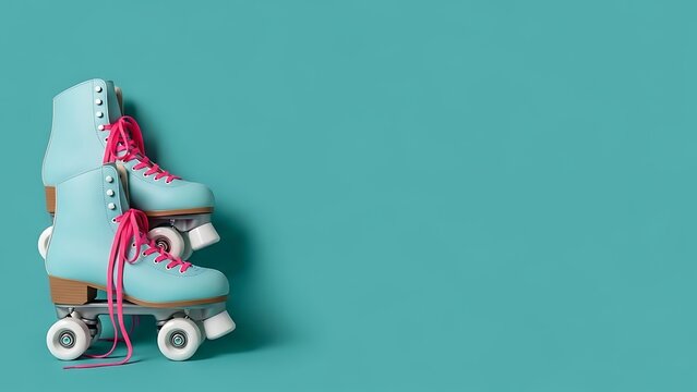 A pair of blue roller skates with pink laces on a teal background