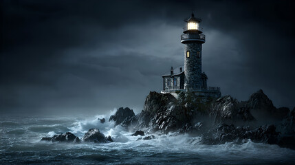 Lighthouse on Rocky Cliff in Stormy Ocean Night with Bright Lantern
