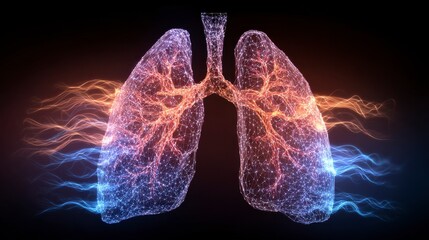 Digital anatomical representation of human lungs, rendered with a network of glowing particles, highlighted with blue and orange energy flows