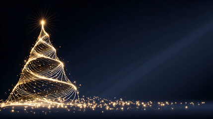 Bright Golden Glittering Christmas Tree Shining Over Dark Night 