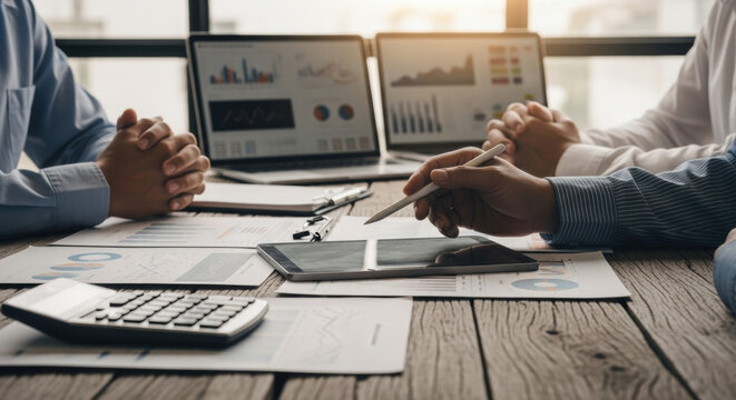 A close up shot showcases a business team reviewing financial data on a wooden table, with laptops, documents, and a digital tablet creating a workspace scene. - Powered by Adobe