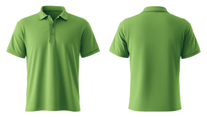Two green polo shirts, front and back views, short sleeve