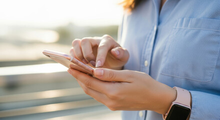 A close up shows a woman using a smartphone in natural light. She is wearing a blue shirt and a pink smartwatch, standing on a concrete surface.