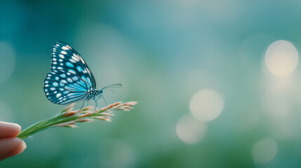 Blue Patterned Butterfly Perched On Thin Green Grass Stem With Bokeh Background