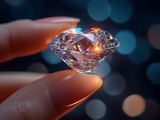 A close-up of fingers picking up a beautifully cut diamond.
