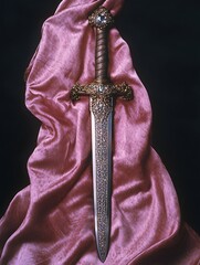 An ancient sword with a diamond-encrusted hilt displayed on a pink silk cloth, black background.