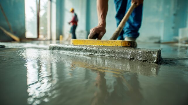 Close-up of worker using a screed to level wet cement floor during building renovation. Another worker is in the background