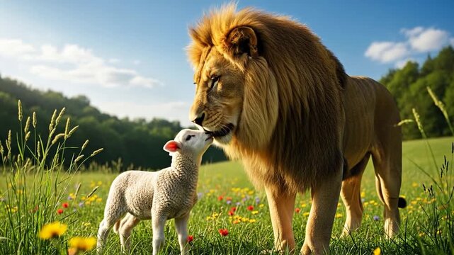 Lion and lamb coexist peacefully in lush green meadow