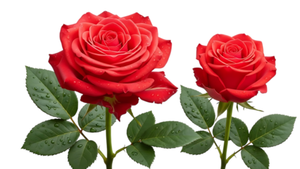 Two vibrant red roses with dewy leaves