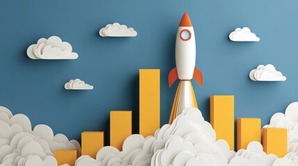 A rocket blasting off against a blue background with cloud cutouts and yellow bar graphs, symbolizing success