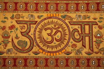 Decorative Hindu Om Symbol Background with Traditional Indian Art Motifs