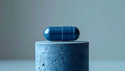 Blue Capsule Pill on Concrete Pedestal, Pharmaceutical Medicine