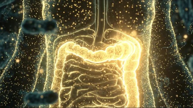 Translucent glowing torso reveals illuminated digestive tract amid starry amber particles with glow