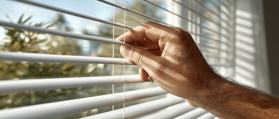 A partial view of an adult's arm and hand, a man's hand adjusting window curtains, fingers grasping the control rod