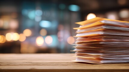 Close-up of stacked envelopes on a wooden surface with a blurred background of lights and interior