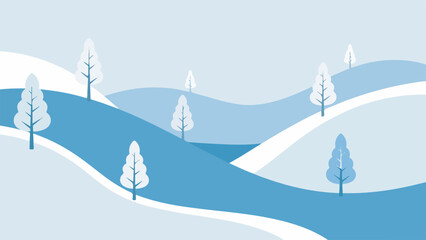 Fototapeta premium A serene and minimalist winter landscape illustration featuring rolling snowy hills and stylized blue trees under a clear sky.