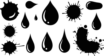 A dynamic collection of black ink splatters and liquid drops, showcasing various shapes and sizes on a clean white background.