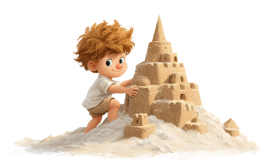 Cute cartoon boy illustration constructing sandcastle capturing happiness fun and cheerful energy isolated on transparent background PNG