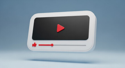 3D rendering of a floating white media player with a red play button on a light blue background, a modern digital illustration of technology and media.