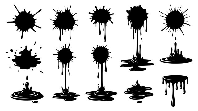 A dynamic collection of black ink splatters and drips, showcasing various liquid paint effects and abstract stain shapes.