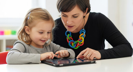 A young girl with dark blonde hair interacts with a tablet held by a teacher in a bright classroom during daytime. The scene emphasizes education and learning.