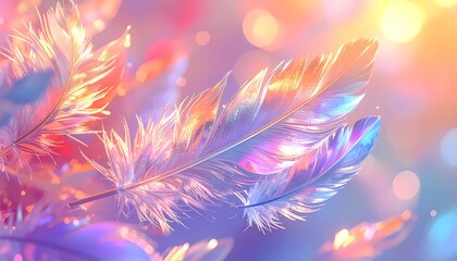 Fototapeta premium Dreamy Feathers with Iridescent Glow and Bokeh Lights