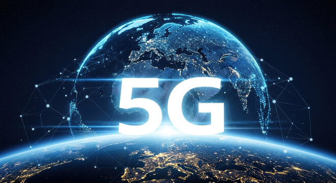 A glowing 5G text is superimposed over an illuminated Earth globe in space, symbolizing next-generation technology and global communication. - Powered by Adobe