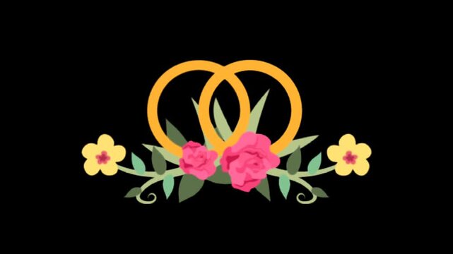 Golden wedding rings with floral decoration symbolizing love, marriage, romance, and celebration on dark background