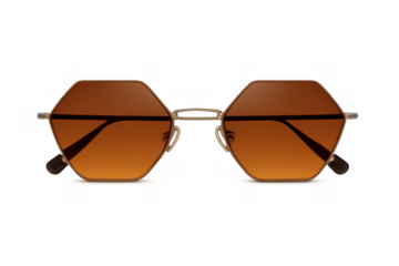 Hexagon lens sunglasses, a trendy fashion eyewear with a golden metal frame and brown tinted lenses, on transparent background