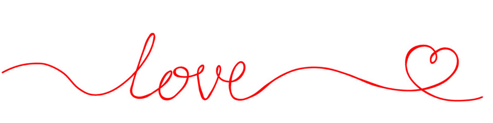 Red handwritten love lettering with continuous flowing line forming a heart isolated on white background perfect for Valentine&rsquo;s Day romantic designs and modern branding.