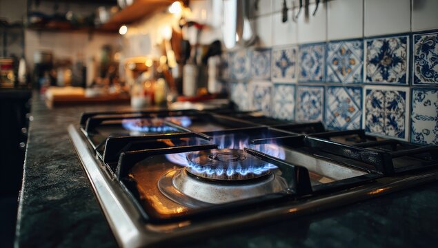 Two gas burners ablaze on a kitchen stove