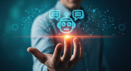 A hand holds a glowing digital chatbot icon with network connections in a dark blue background, illustrating artificial intelligence, technology, and modern communication.