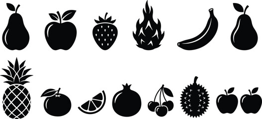 Black fruit silhouette icon set, apple banana strawberry pineapple pear symbols, minimalist food illustration for logos, apps, packaging, branding, marketing © Mosharaf Creative