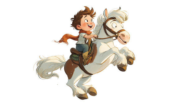 Smiling cartoon boy on a horse expressing freedom excitement and joyful childhood moments isolated on transparent background PNG