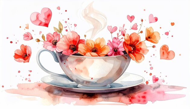 Watercolor teacup overflowing with colorful flowers, steam, and floating hearts